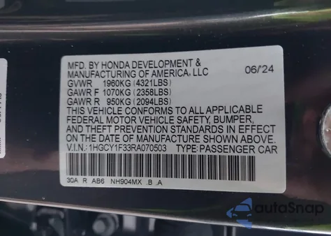2024 Honda Accord Ex from USA, damaged, VIN 1HGCY1F33RA070503